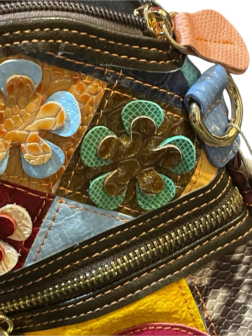 Colorful Patchwork Floral Crossbody Bag - Tassel Zips - Upcycled - Leather